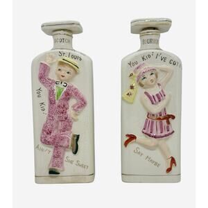 1940’s Ceramic Liquor Decanters West Pac Japan Dandy Man & Flapper Girl Stoppers